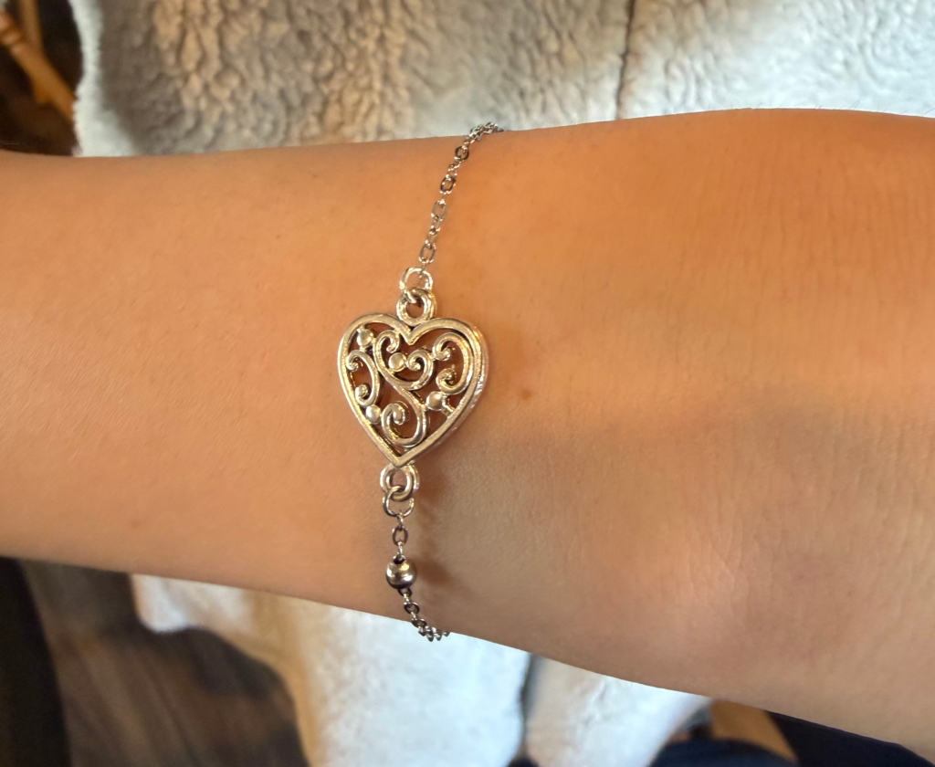 Forever jewelry bracelet with heart charm, welded in Greeley, Colorado.